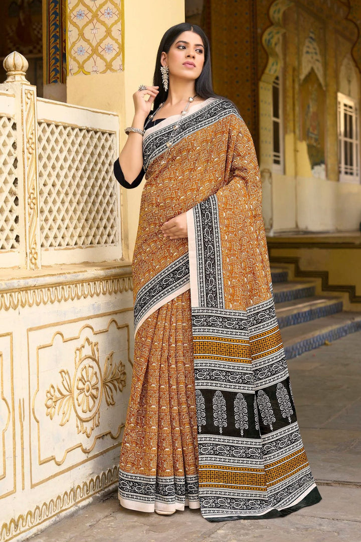 Serria Yellow and Black Handblock Printed Saree