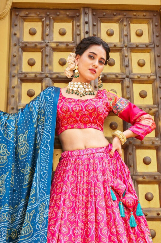 Pink Color Digital Printed gaji Silk Lehenga