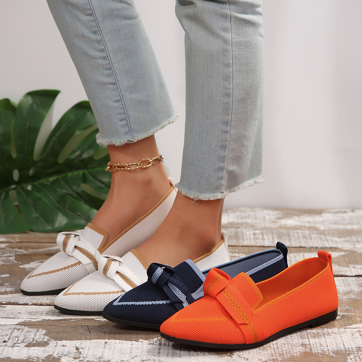 Women's Plus Size Knit Flat Loafers - Slip-On Bowknot Shallow Cut Lazy Work Shoes