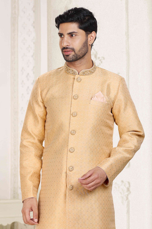 Men's Banarasi Jacquard Embroidery Semi Indo Western Sherwani In Beige Colour