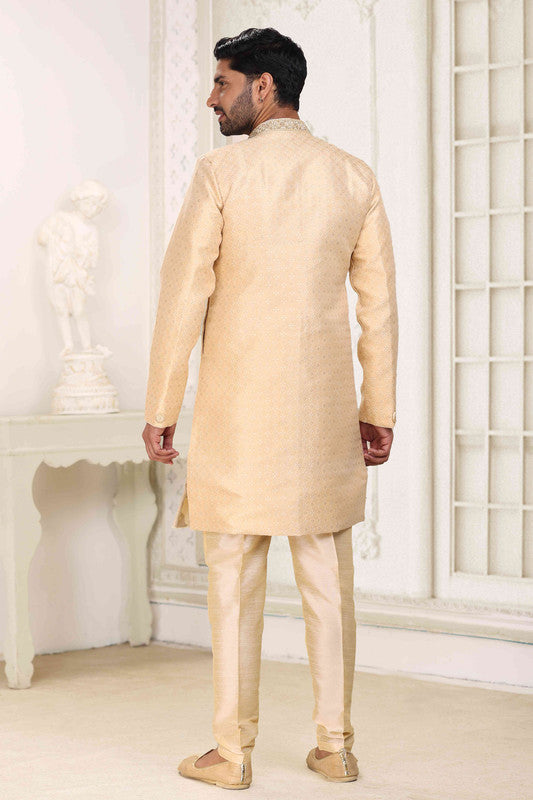 Men's Banarasi Jacquard Embroidery Semi Indo Western Sherwani In Beige Colour
