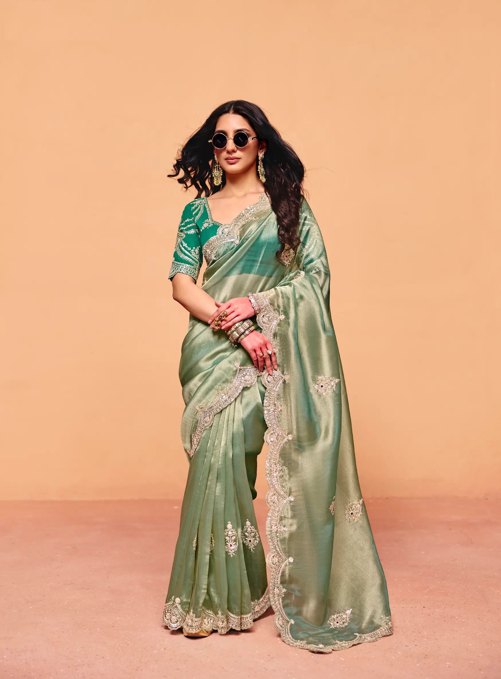 Sage Green Organza Embroidery Saree