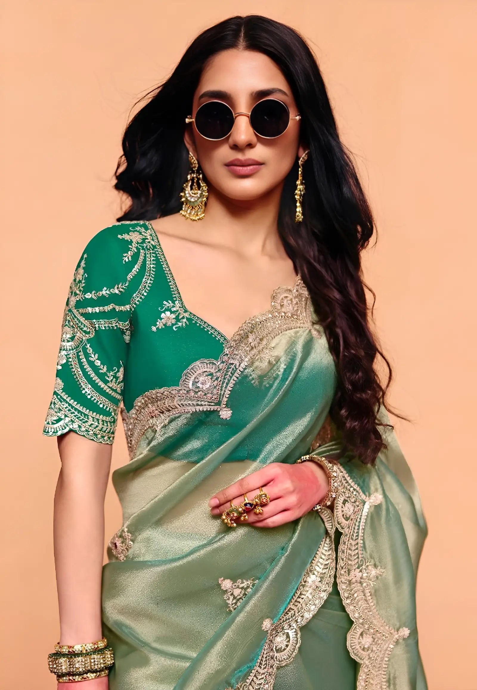 Sage Green Organza Embroidery Saree