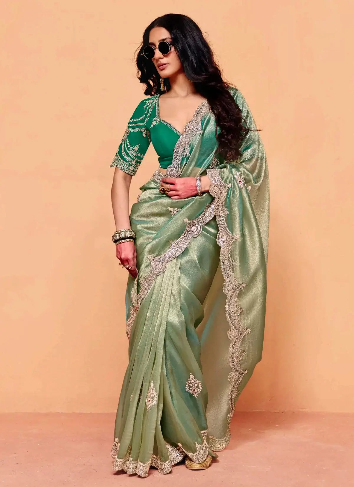 Sage Green Organza Embroidery Saree