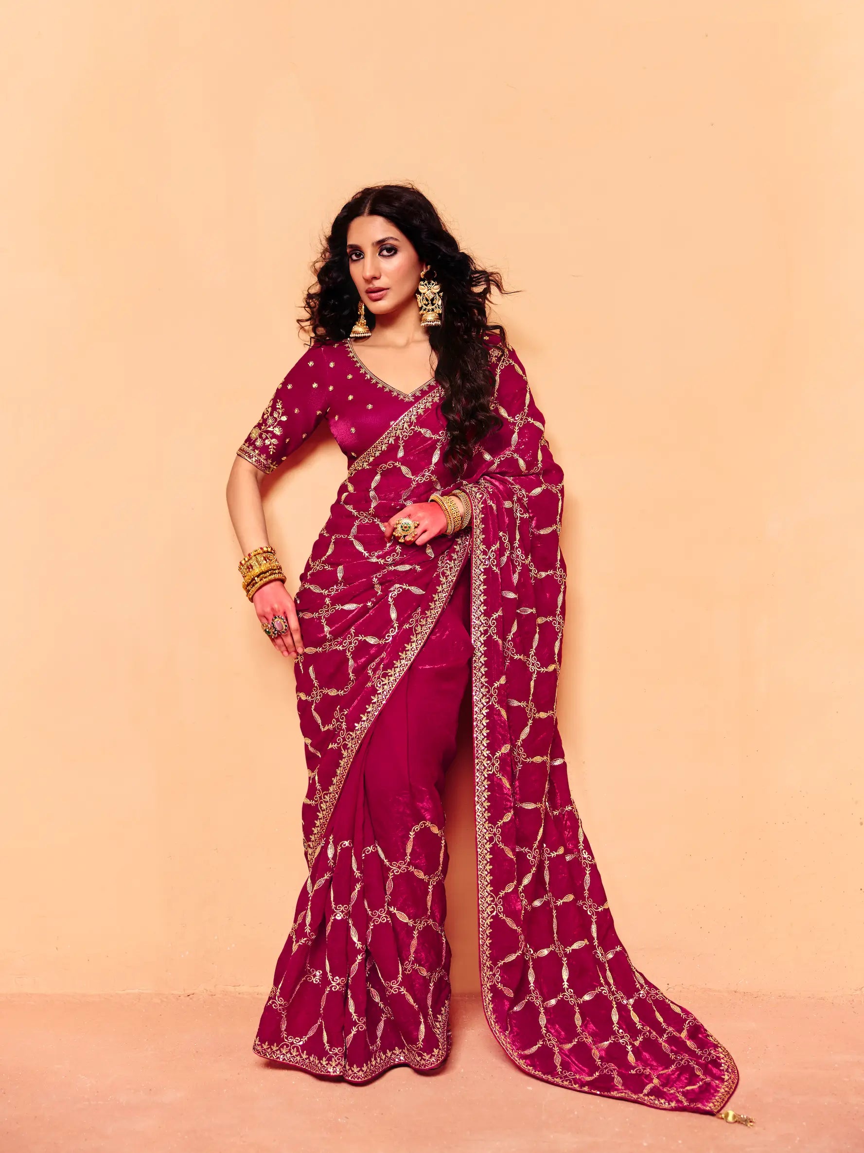 Deep Pink Fendi Embroidery Saree