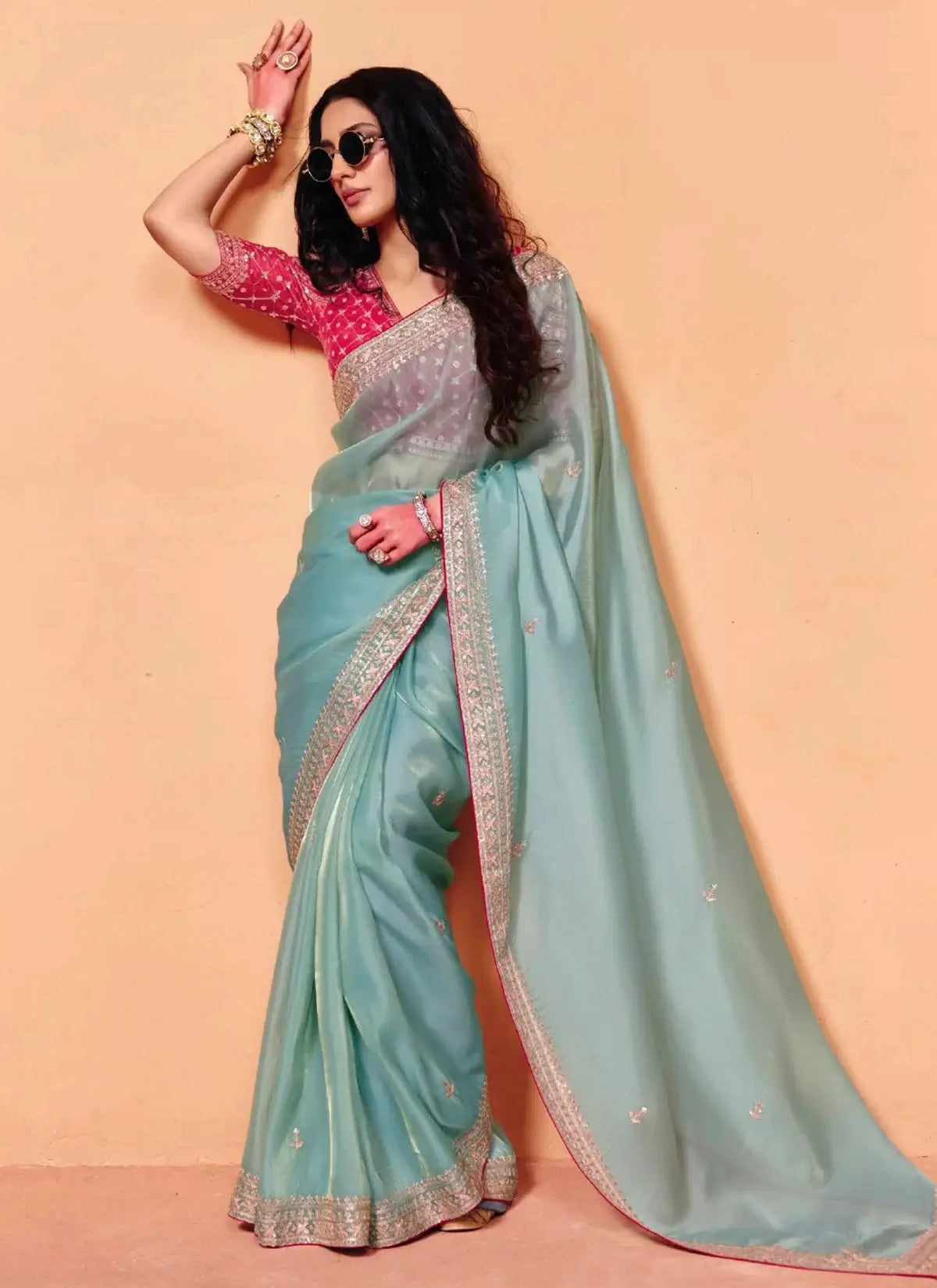 Ice Blue Organza Embroidery Saree