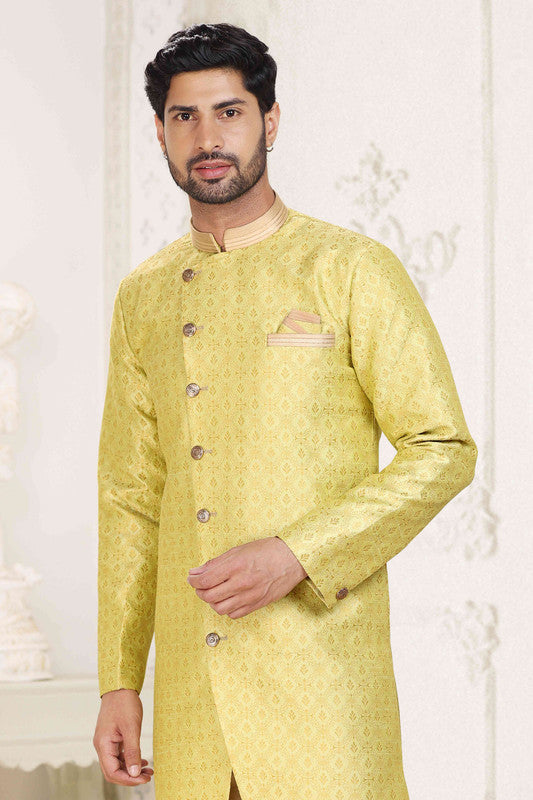 Men's Banarasi Jacquard Embroidery Semi Indo Western Sherwani In Lemon Yellow Colour