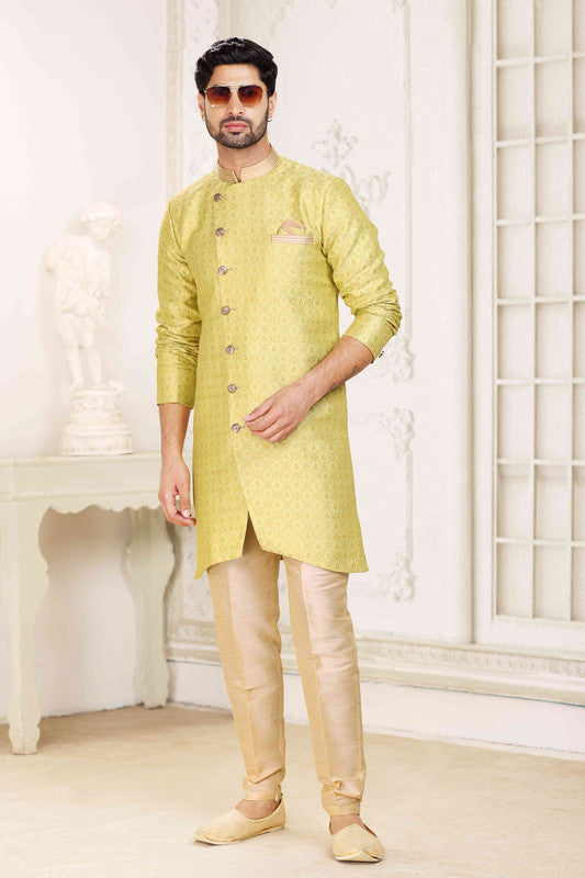 Men's Banarasi Jacquard Embroidery Semi Indo Western Sherwani In Lemon Yellow Colour