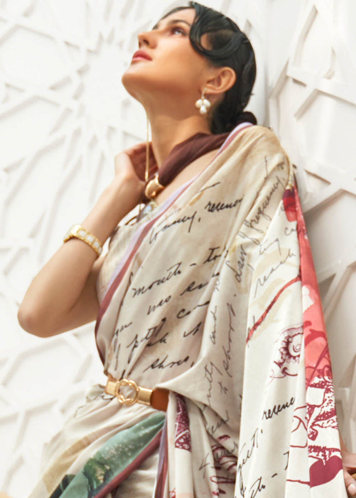  Elegant Parchment White Crepe Silk Saree with Intricate Digital Print 