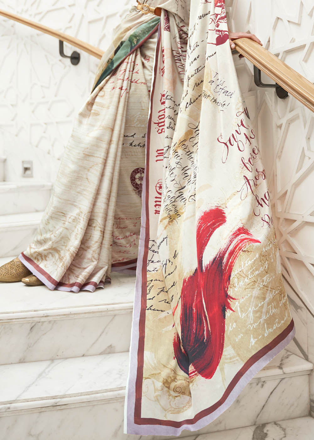 Parchment White Digital Printed Crepe Silk Saree