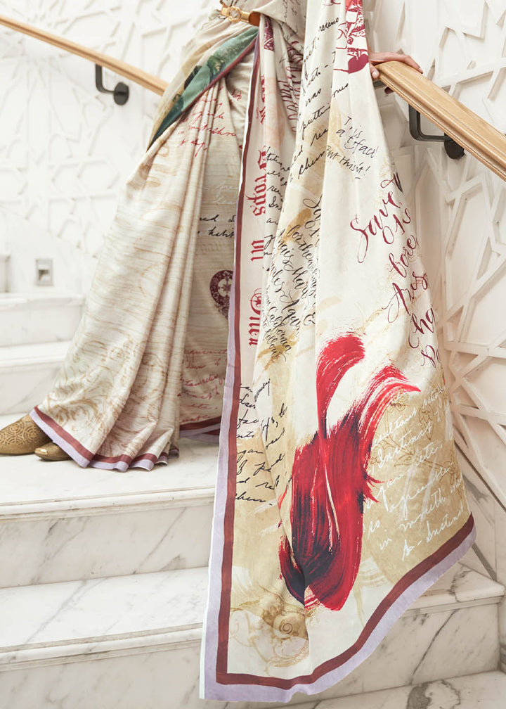  Parchment White Digital Printed Crepe Silk Saree with Gold Border and Floral Design