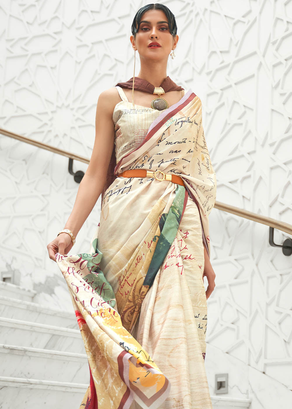 Parchment White Digital Printed Crepe Silk Saree