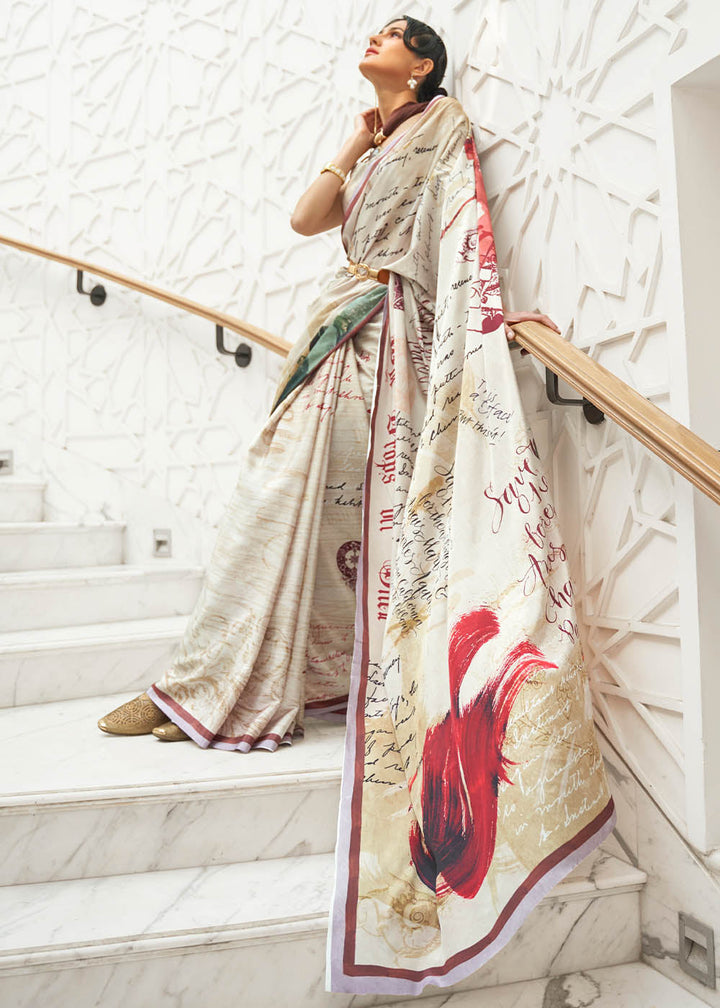 Parchment White Digital Printed Crepe Silk Saree with Floral Patterns and Gold Border, Traditional Indian Ethnic Wear