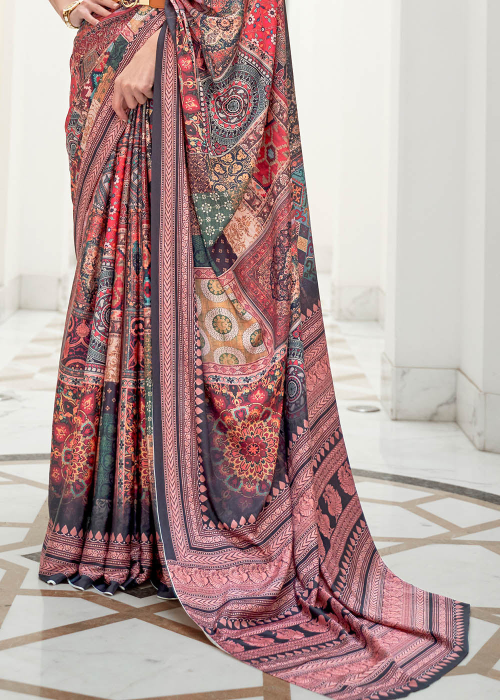 Beautifully Crafted Multi Colour Digital Printed Crepe Silk Saree for Special Occasions