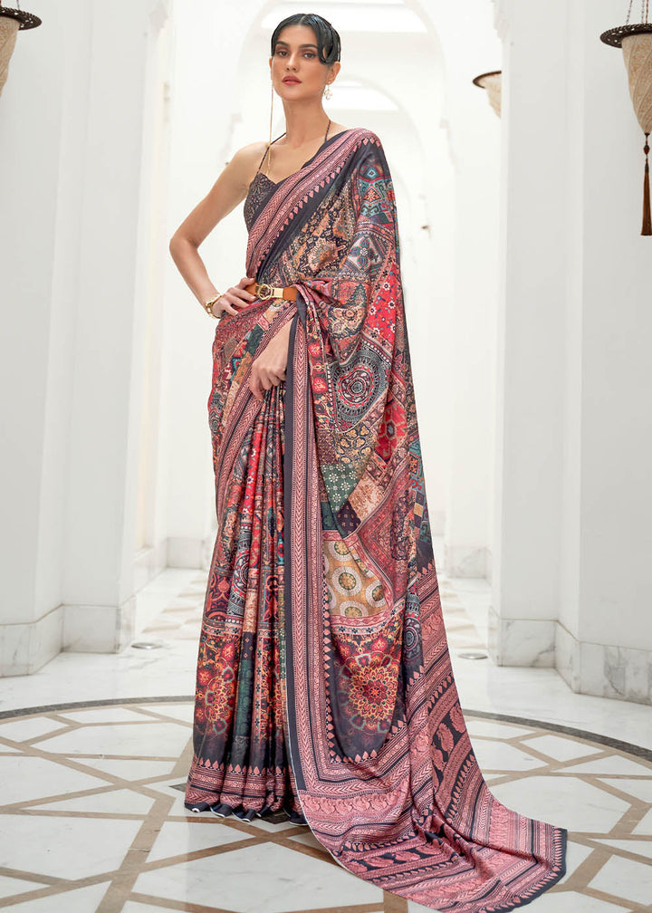 Multi Colour Digital Printed Crepe Silk Saree with Floral Pattern and Gold Border