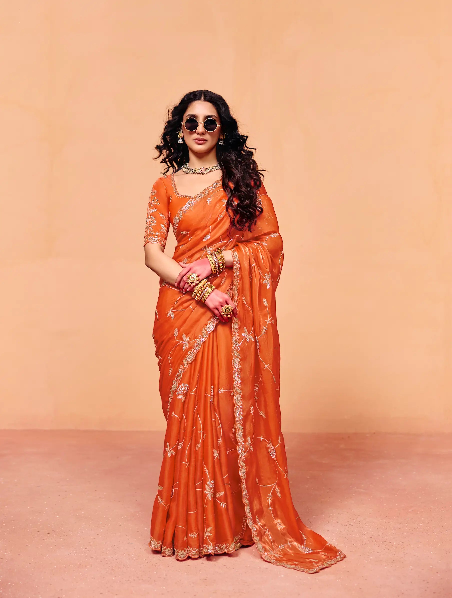 Bright Orange Satin Embroidery Saree