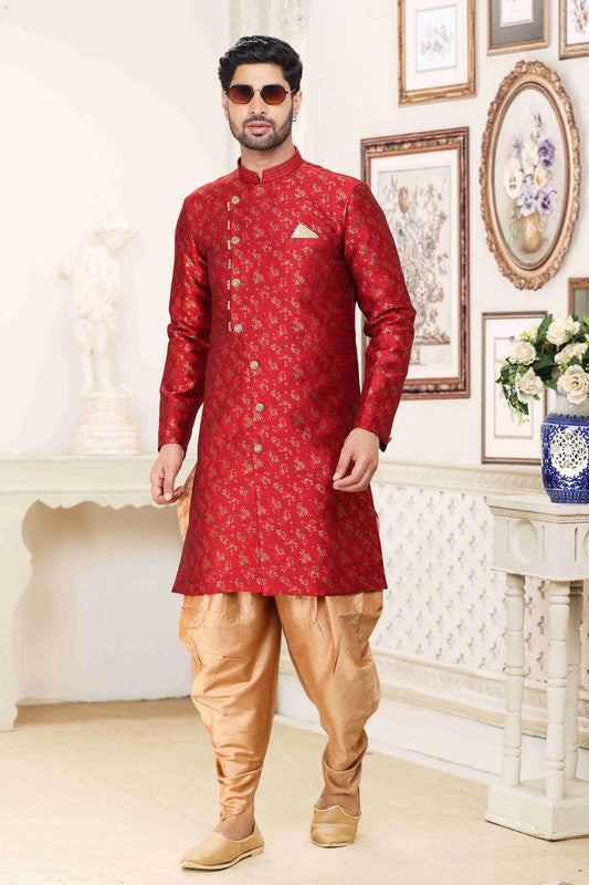 Men's Banarasi Jacquard Embroidery Semi Indo Western Sherwani In Maroon Colour