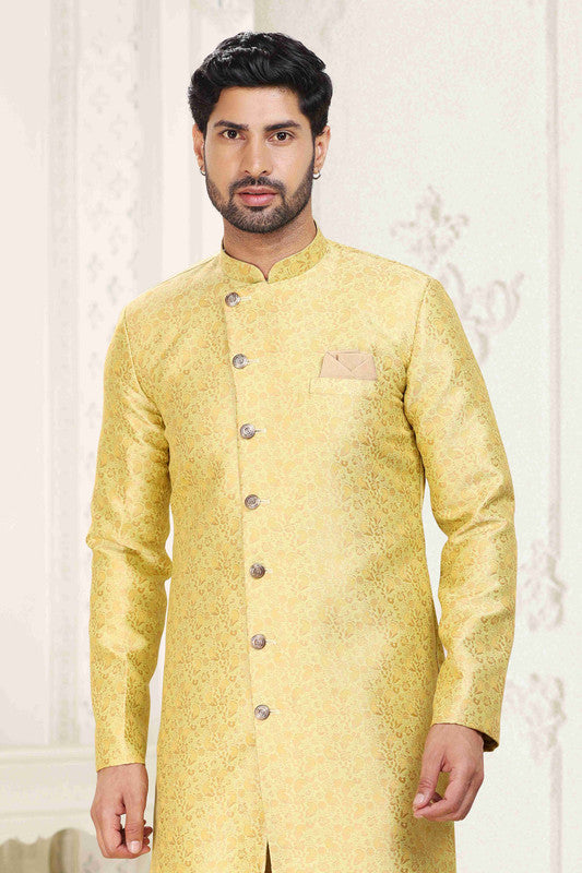 Men's Banarasi Jacquard Embroidery Semi Indo Western Sherwani In Cream Gold Colour