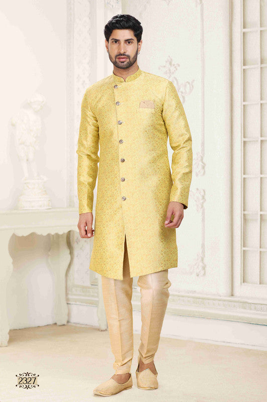 Men's Banarasi Jacquard Embroidery Semi Indo Western Sherwani In Cream Gold Colour