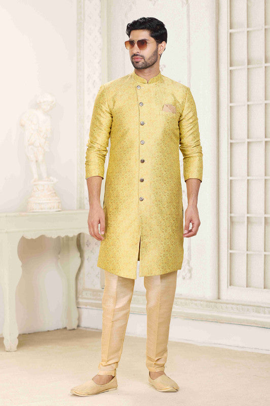 Men's Banarasi Jacquard Embroidery Semi Indo Western Sherwani In Cream Gold Colour