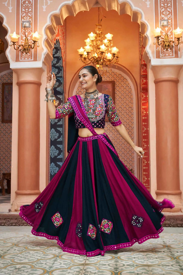 Magenta Red Navratri Lehenga With Embroidery & Mirror work