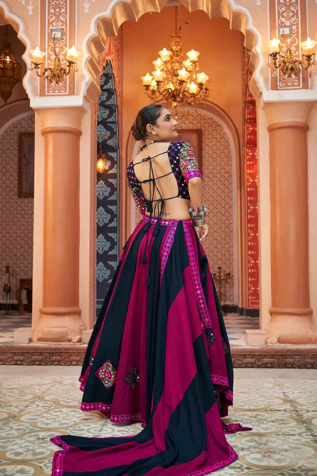 Magenta Red Navratri Lehenga With Embroidery & Mirror work