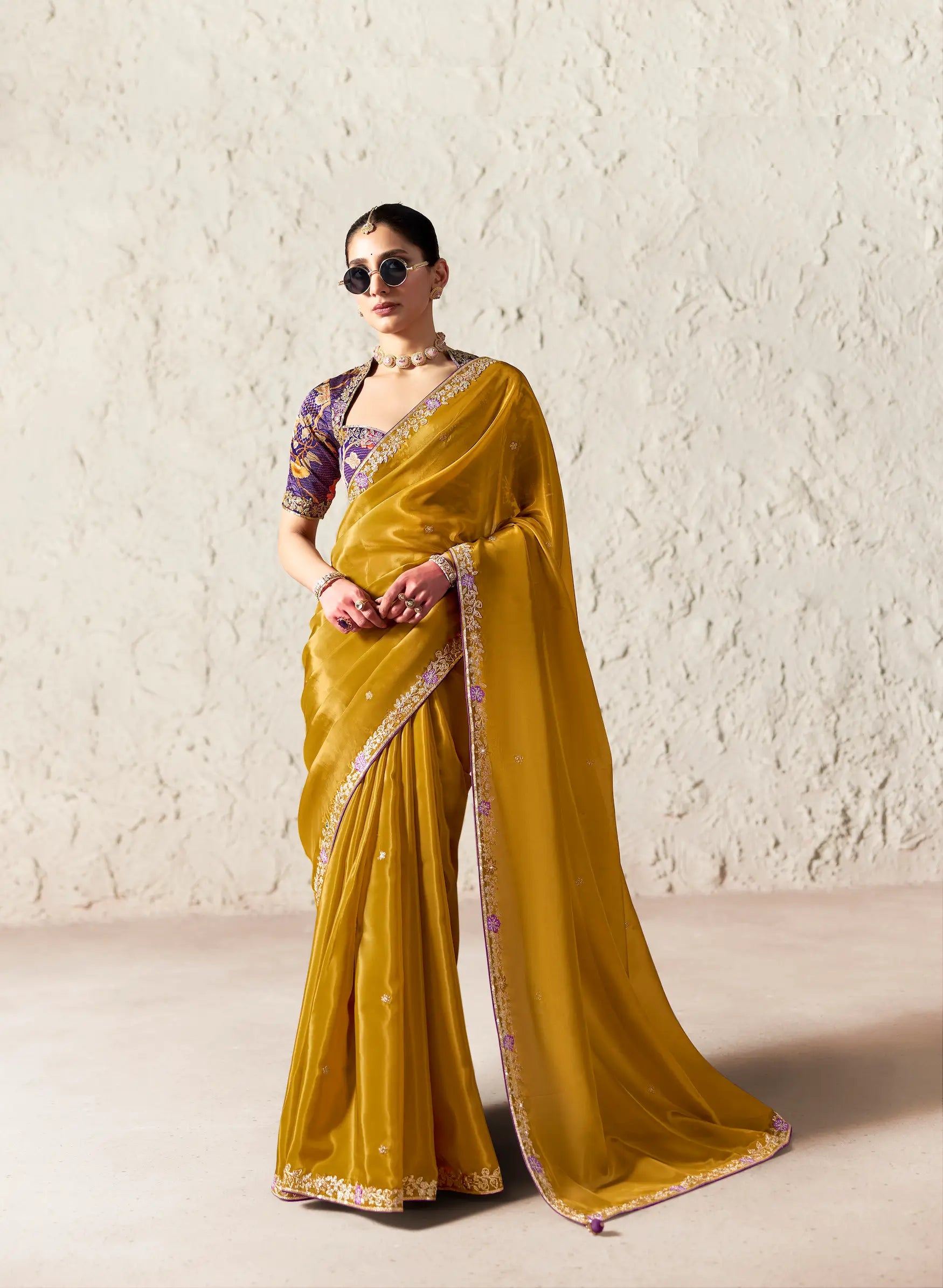 Mustard Gold Embroidered Party Wear Saree