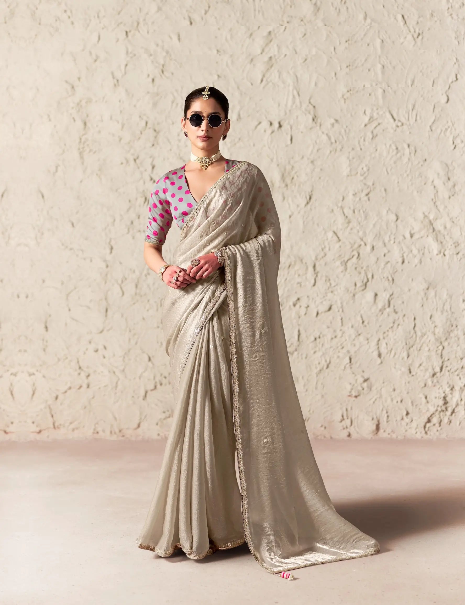 Silver Grey Embroidered Party Wear Saree