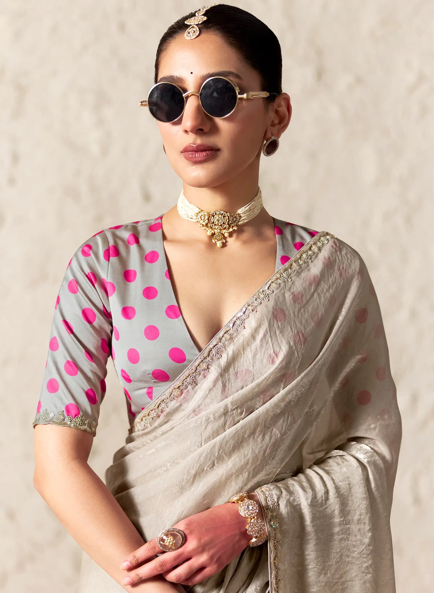 Silver Grey Embroidered Party Wear Saree