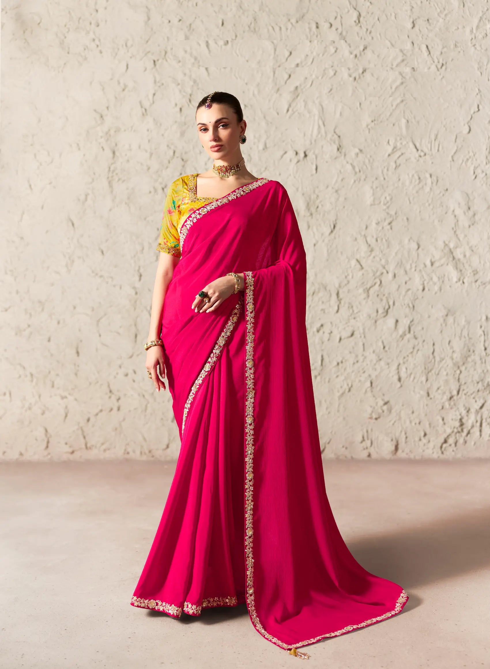 Hot Pink Embroidered Party Wear Saree
