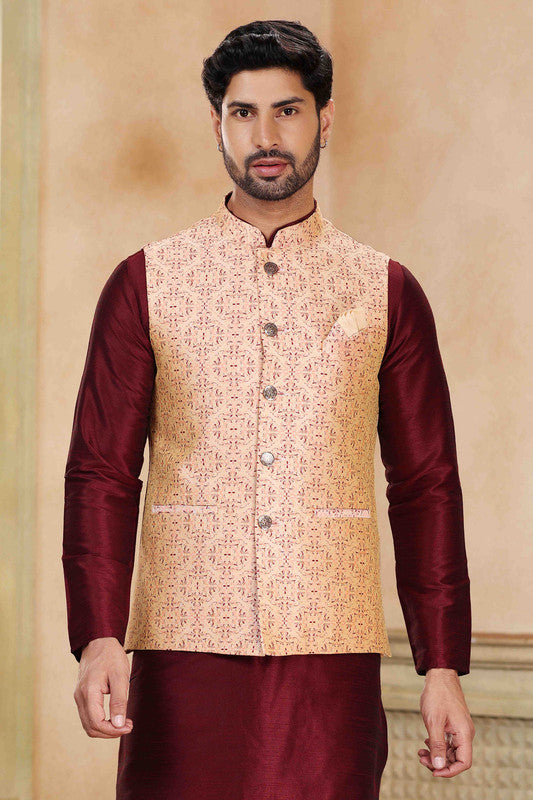 Men's Jacquard Banarasi Silk Woven Work 3 Pics Jacket Set In Beige Maroon Colour