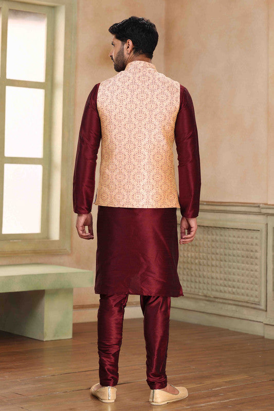 Men's Jacquard Banarasi Silk Woven Work 3 Pics Jacket Set In Beige Maroon Colour