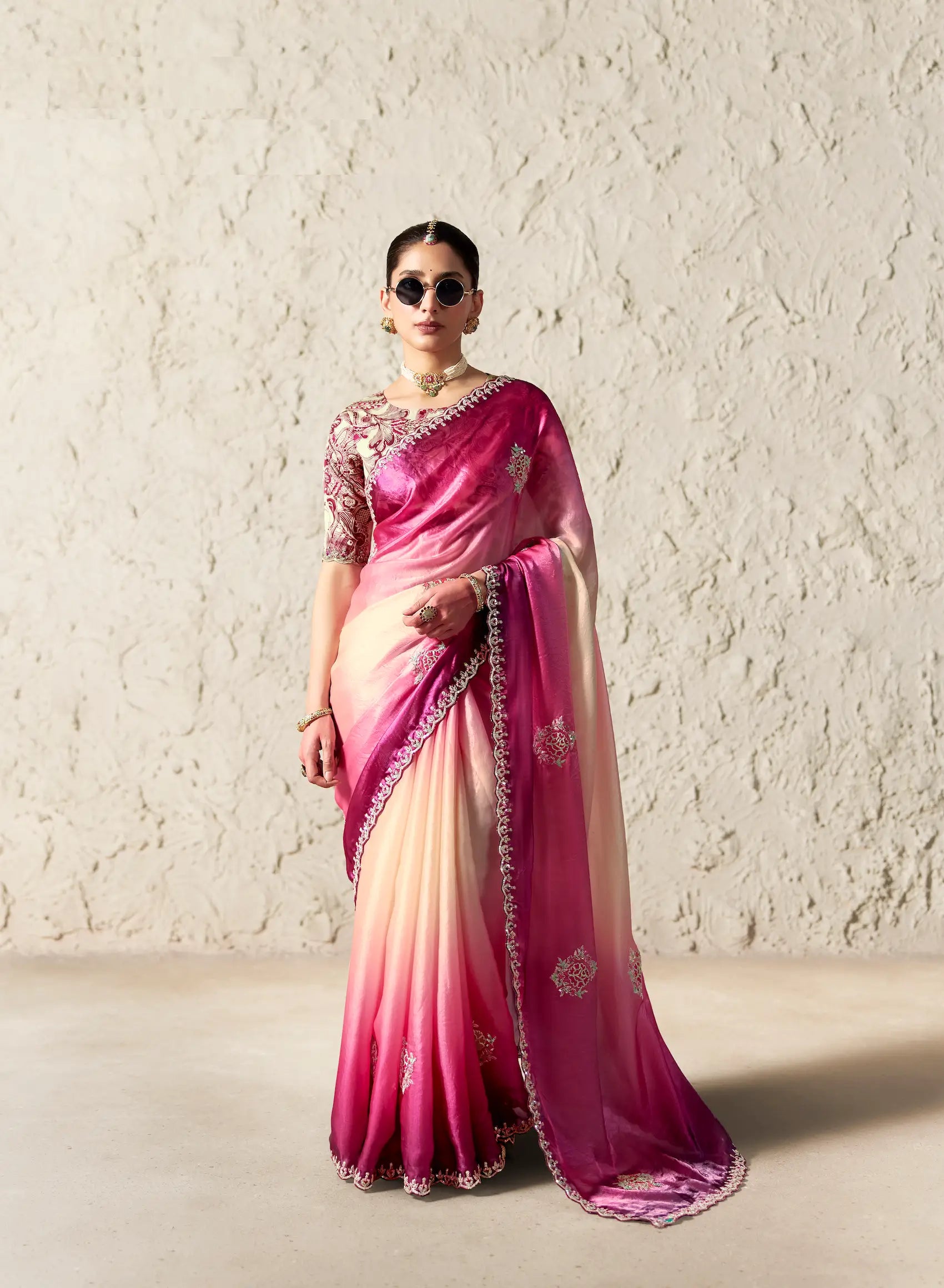 Pink-White Embroidered Party Wear Saree