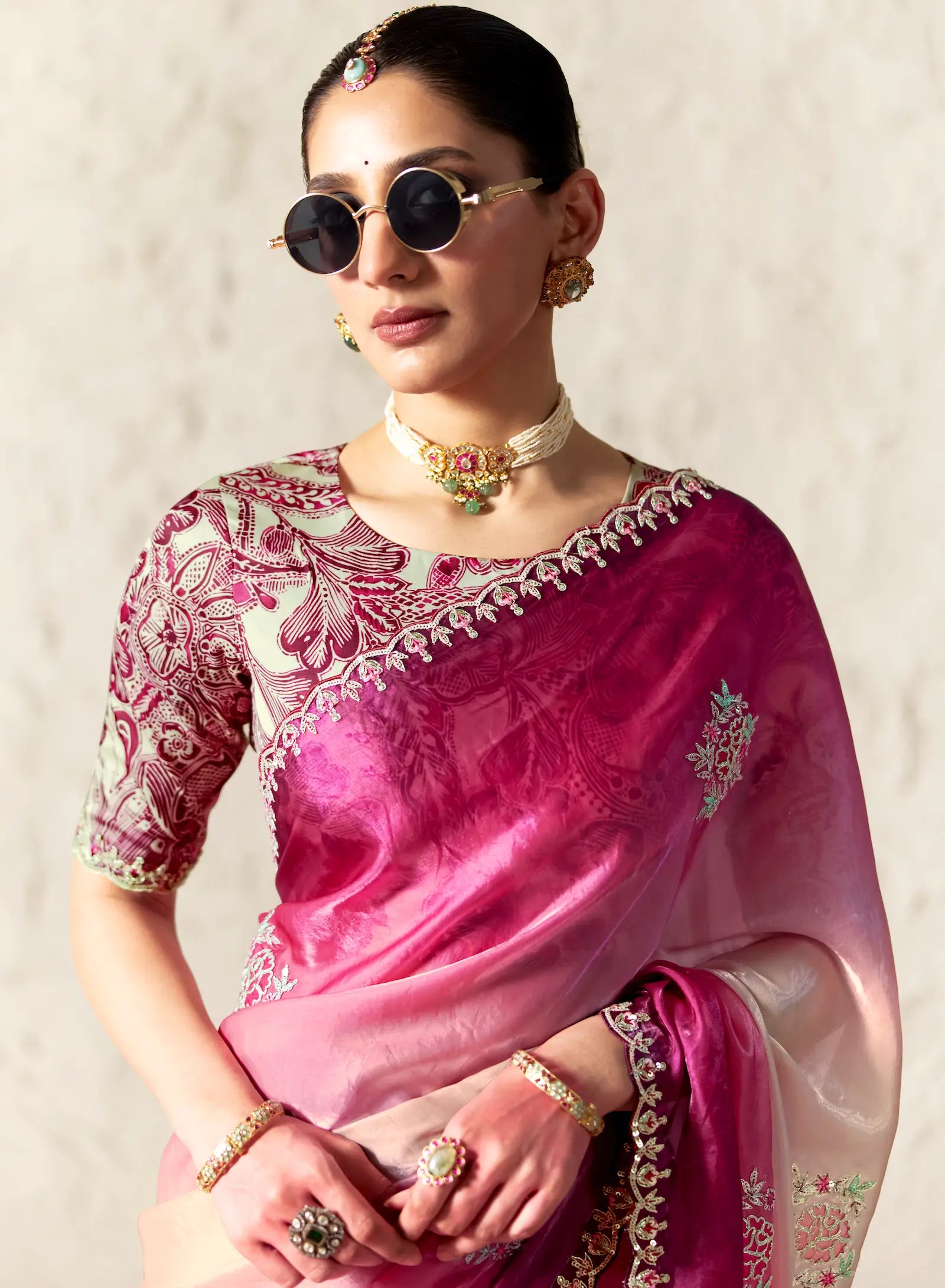 Pink-White Embroidered Party Wear Saree