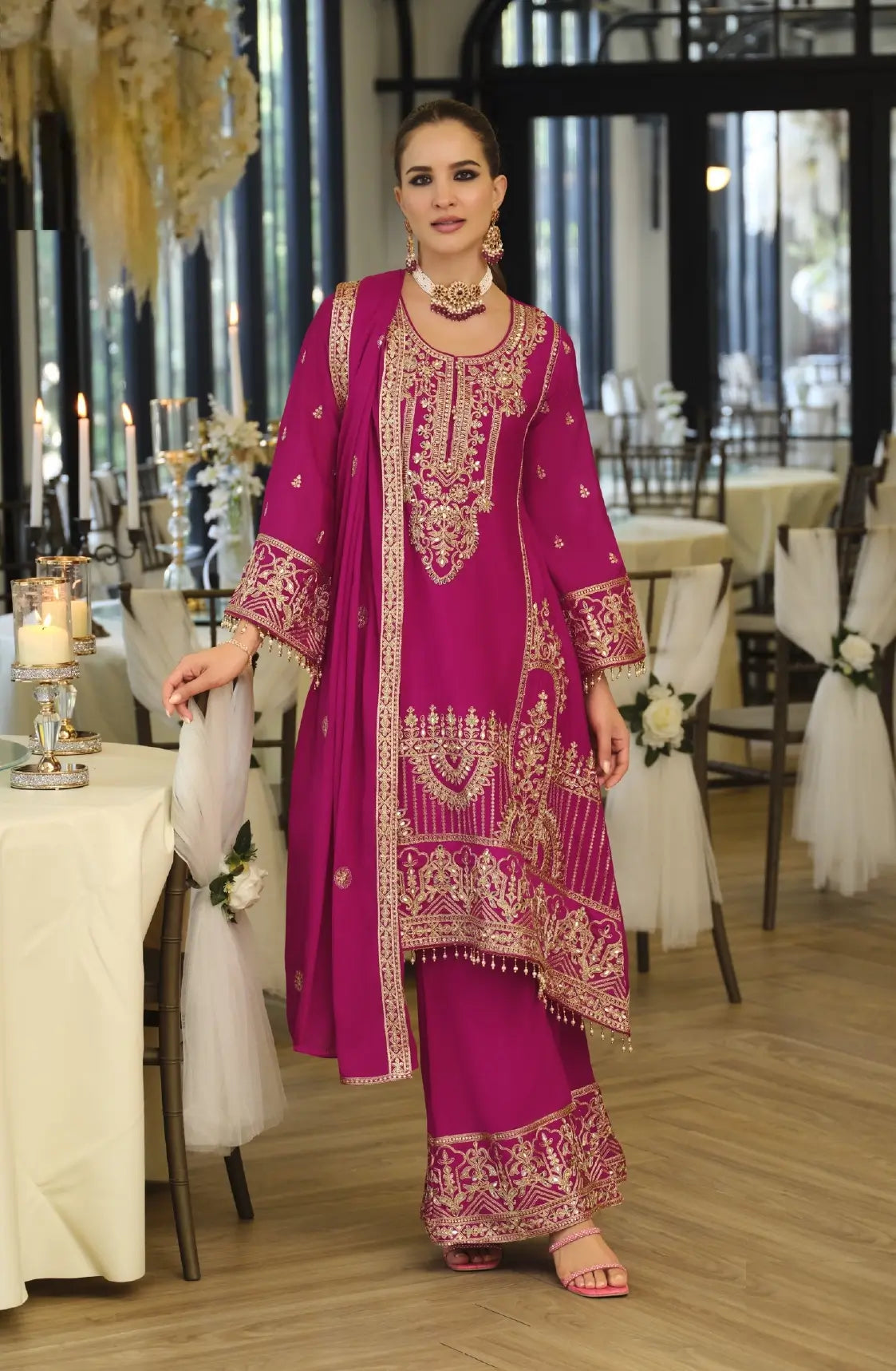 Hot Pink Chinon Embroidered Salwar Suit