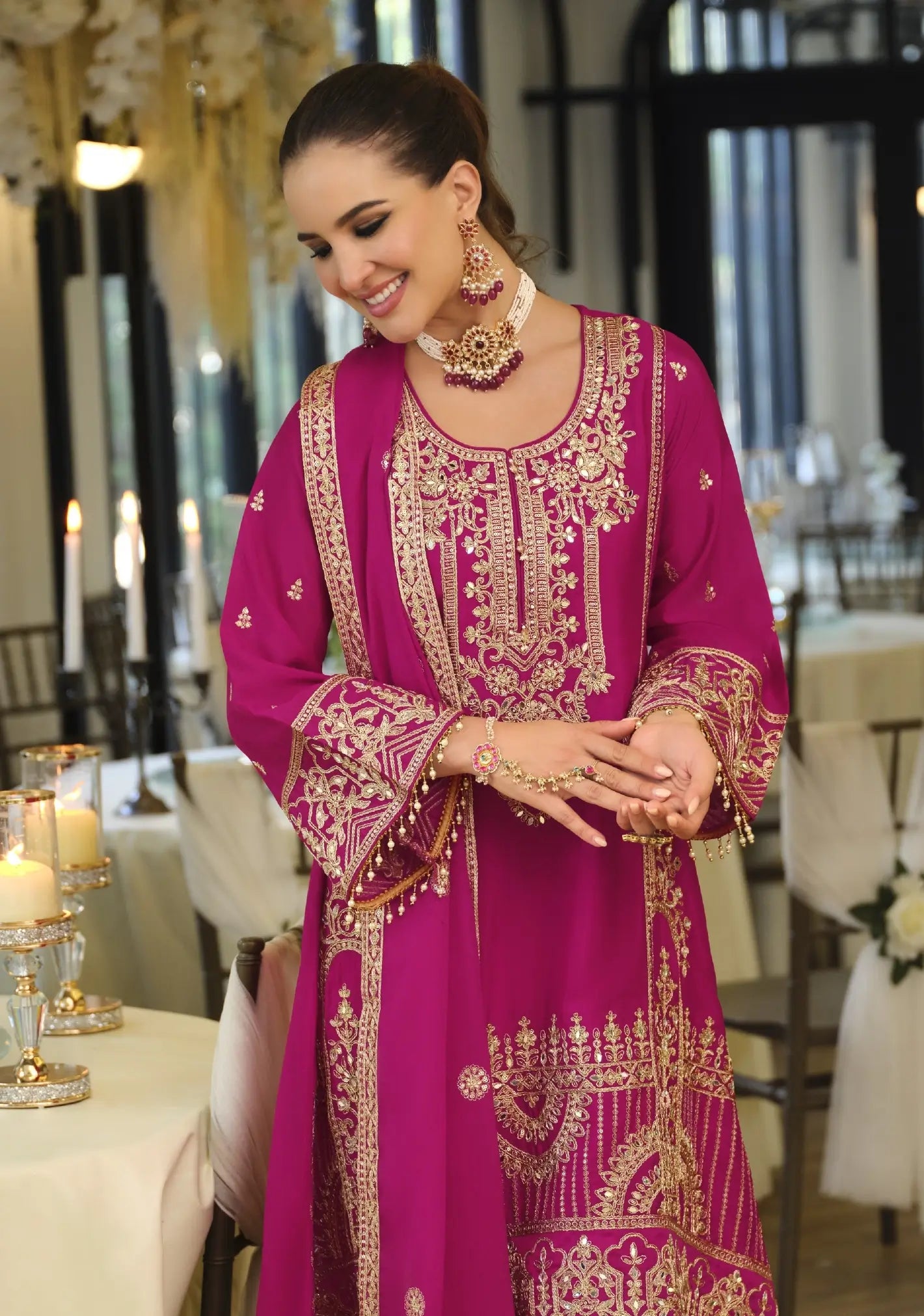 Hot Pink Chinon Embroidered Salwar Suit