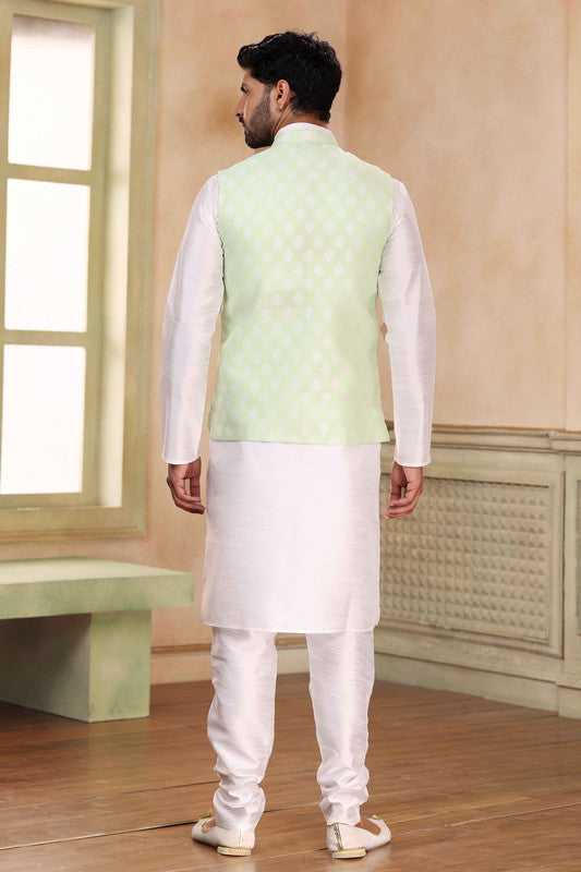 Men's Jacquard Banarasi Silk Woven Work 3 Pics Jacket Set In Pista Green Colour