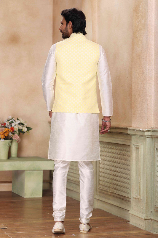 Men's Jacquard Banarasi Silk Woven Work 3 Pics Jacket Set In Yellow Colour