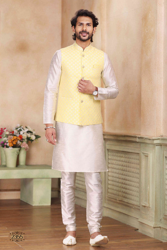 Men's Jacquard Banarasi Silk Woven Work 3 Pics Jacket Set In Yellow Colour