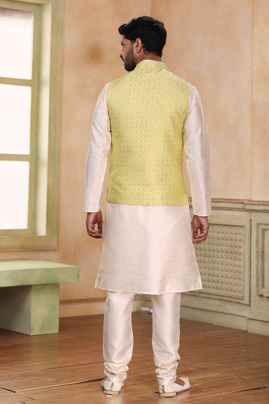 Men's Jacquard Banarasi Silk Woven Work 3 Pics Jacket Set In Lemon Colour