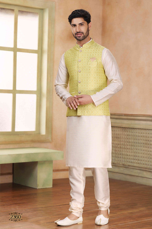 Men's Jacquard Banarasi Silk Woven Work 3 Pics Jacket Set In Lemon Colour