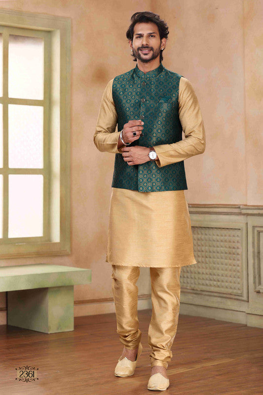 Men's Jacquard Banarasi Silk Woven Work 3 Pics Jacket Set In Green Colour