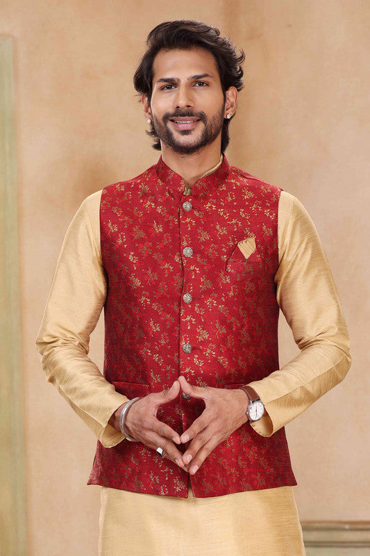 Men's Jacquard Banarasi Silk Woven Work 3 Pics Jacket Set In Maroon Colour
