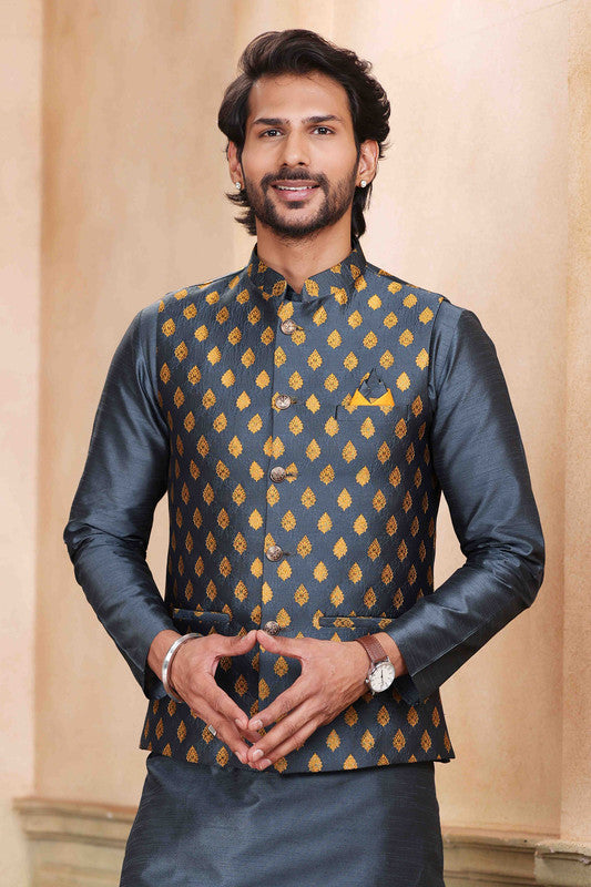 Men's Jacquard Banarasi Silk Woven Work 3 Pics Jacket Set In Dark Grey Colour