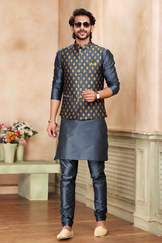 Men's Jacquard Banarasi Silk Woven Work 3 Pics Jacket Set In Dark Grey Colour
