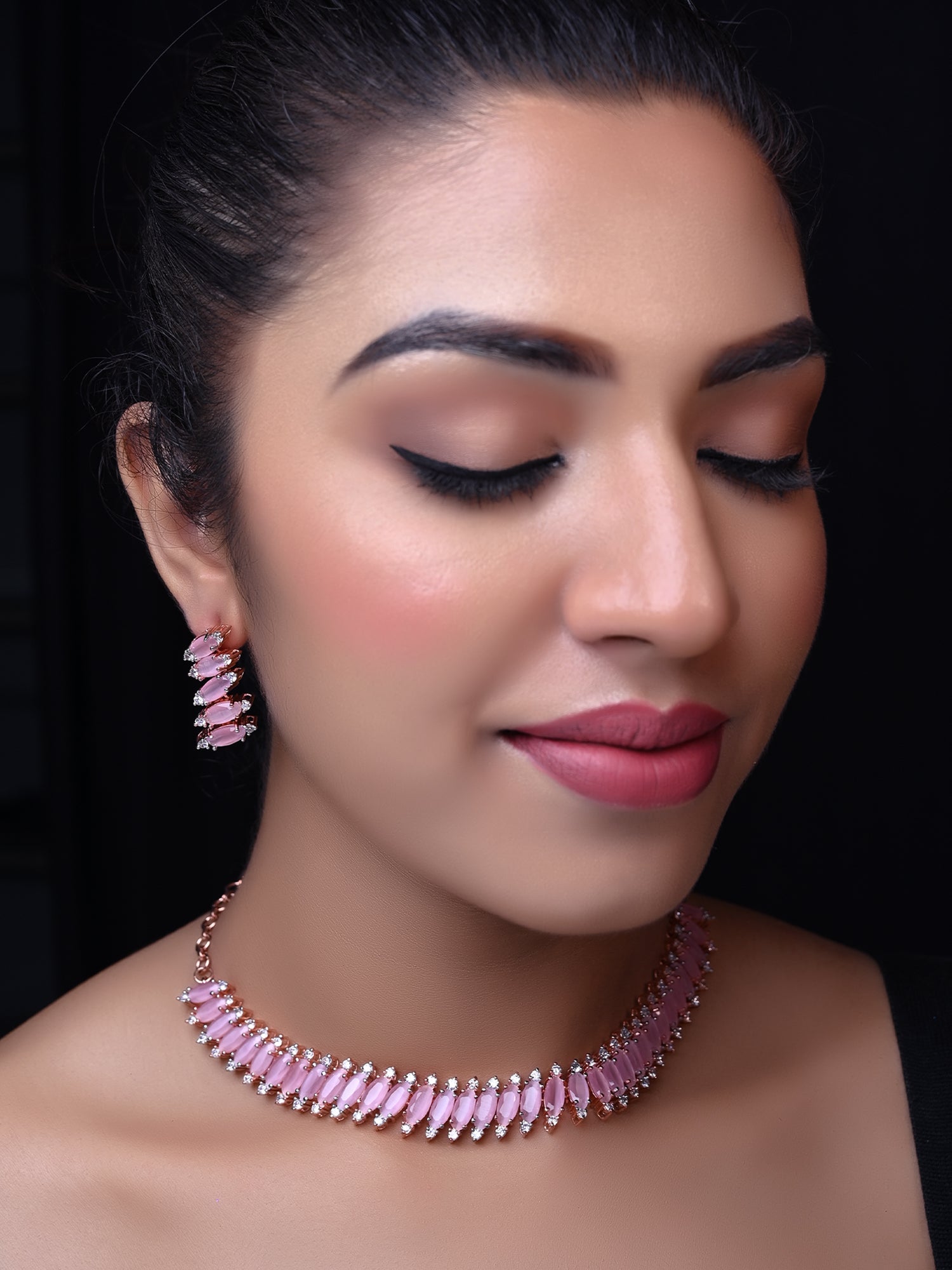 Samaira Pink American Diamond Rose Gold Plated Necklace Set - qivii