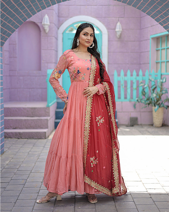 Peach Color Faux Georgette Designer Gown With Dupatta  - By Qivii