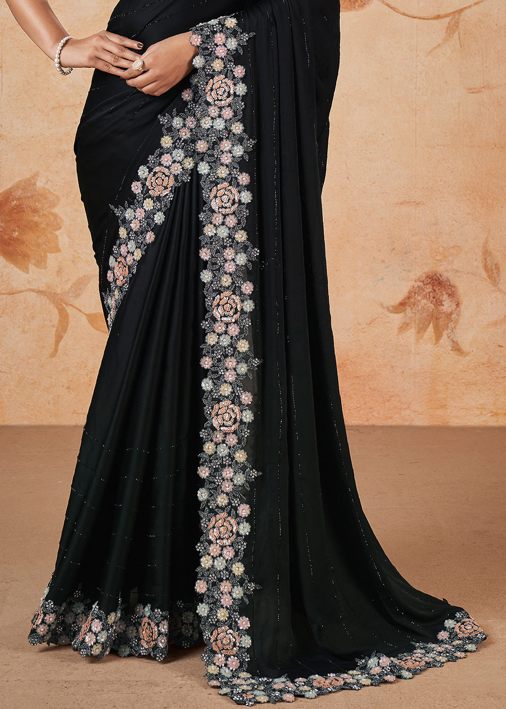 Onyx Black Satin Silk Saree having Thread, Sequence, Cord Embridered with Stone & Moti work