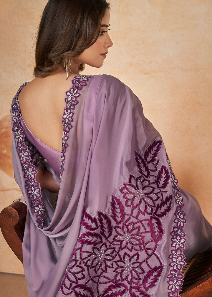 Amethyst Purple Satin Silk Saree having Sequence & Cord Embridered with Stone work