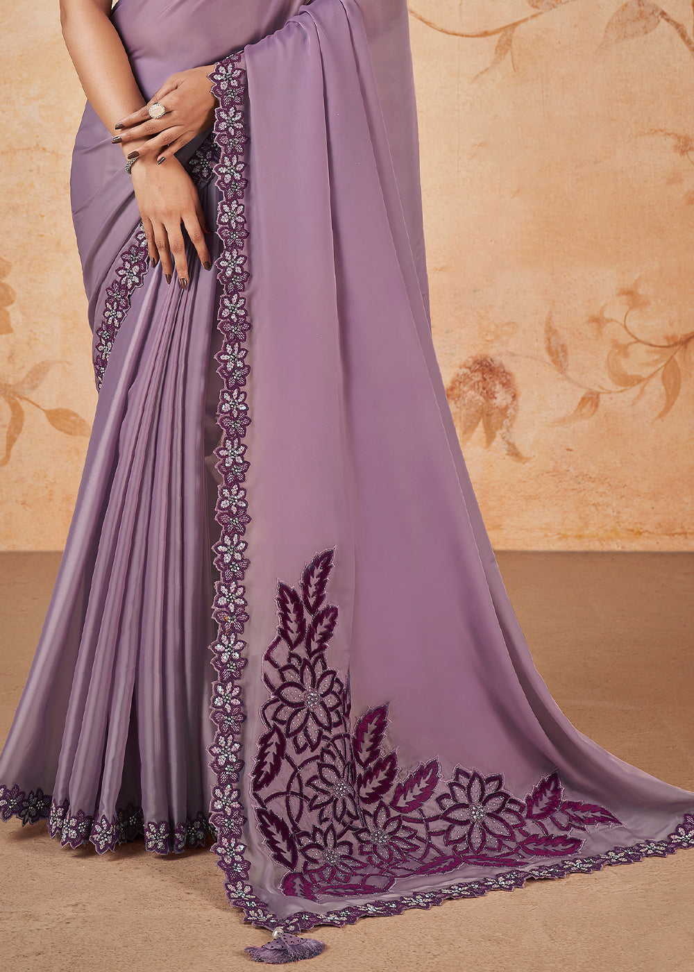 Amethyst Purple Satin Silk Saree having Sequence & Cord Embridered with Stone work